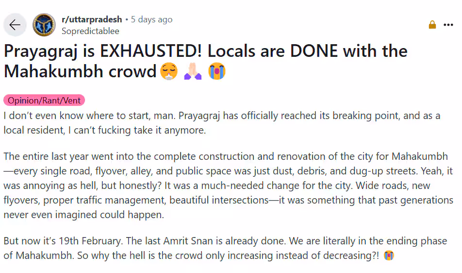 महाकुंभ 2025 : प्रयागराज 'थक गया'? स्थानीय लोगों ने महाकुंभ में आने वाले पर्यटकों से की अपील 6 mahakumbh prayagraj 1740391349280